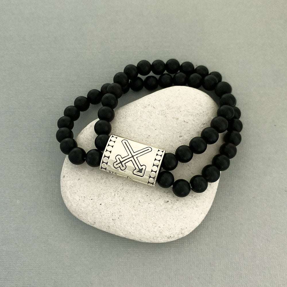 Rainbow Spectrum Silver Story Bead with Double Layer Elastic Bead Bracelet in Black Agate