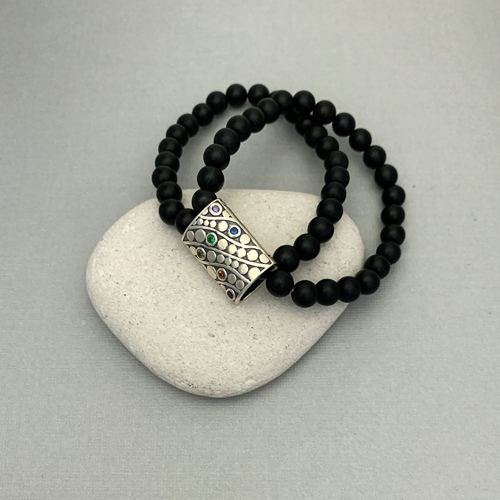 Rainbow Spectrum Silver Story Bead with Double Layer Elastic Bead Bracelet in Black Agate