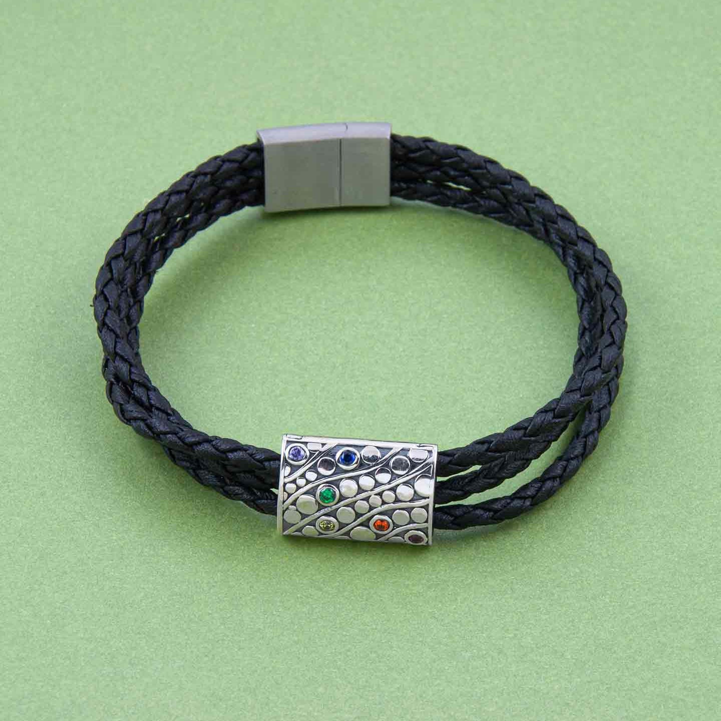 Rainbow Spectrum Silver Story Bead with Triple Layer Faux Leather Magnetic Clasp Bracelet