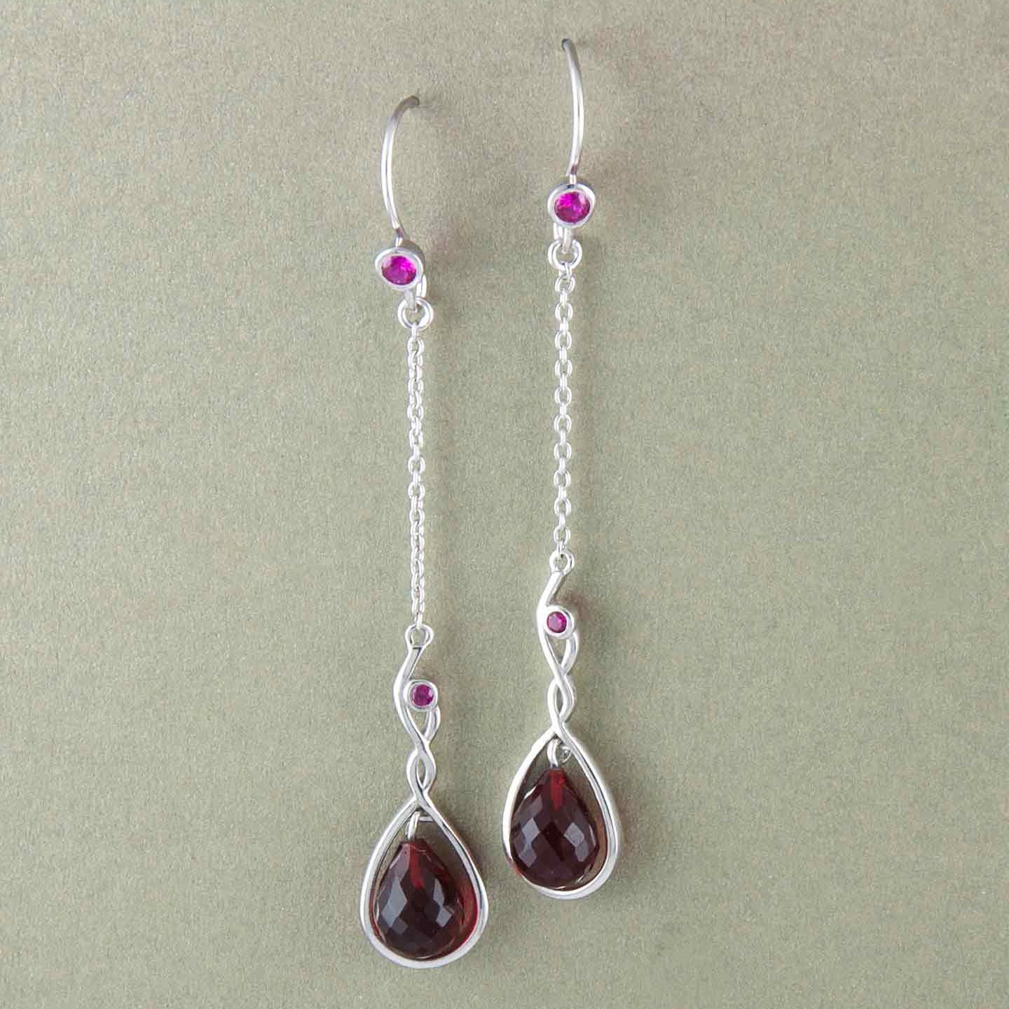 Red Garnet Faceted Drop Dangler Silver Earrings