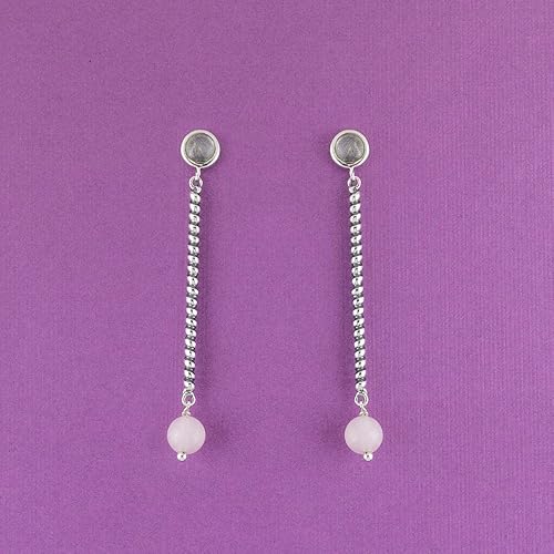 Rose Quartz Pillar Stud Drop Silver Earrings