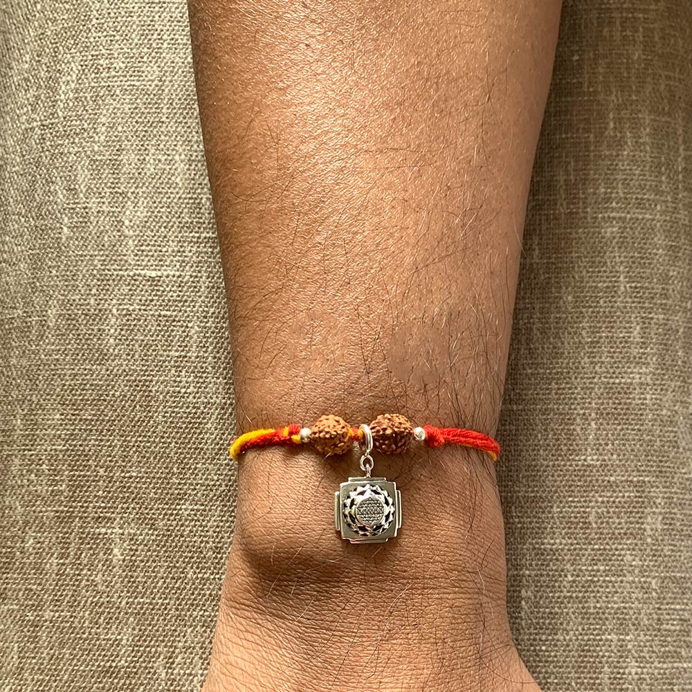 Shri Yantra Silver Charm Moli Rakhi Bracelet