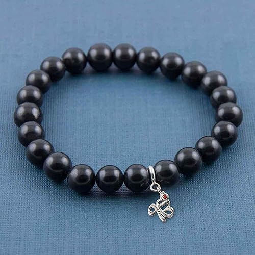 Ek Onkar Silver Charm with Black Agate Elastic Bead Bracelet
