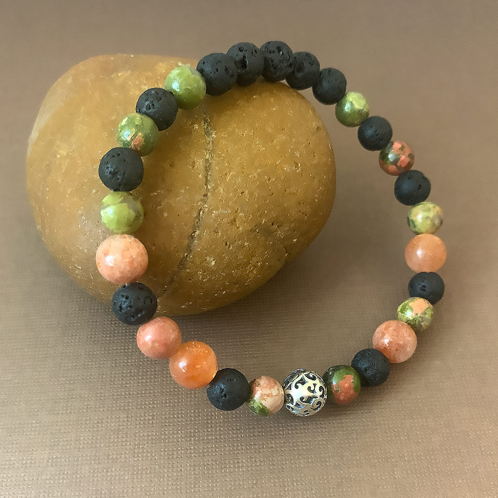 Bright Side Gemstone Elastic Bead Bracelet with Sunstone, Unakite & Lava-Medium to Large