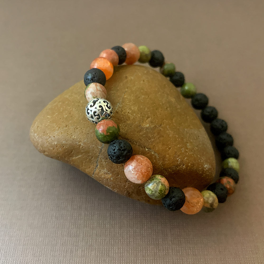 Bright Side Gemstone Elastic Bead Bracelet with Sunstone, Unakite & Lava-Small to Medium