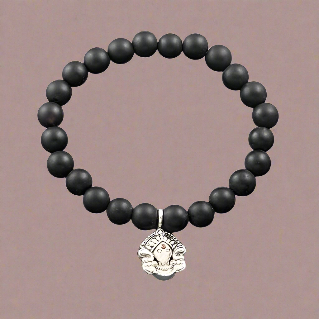 Durga Aashirwaad Silver Charm on Black Agate Elastic Bead Bracelet
