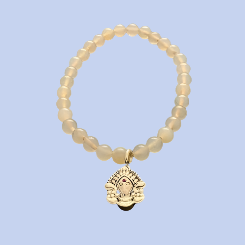 Durga Aashirwaad Silver Charm on White Onyx Elastic Bead Bracelet