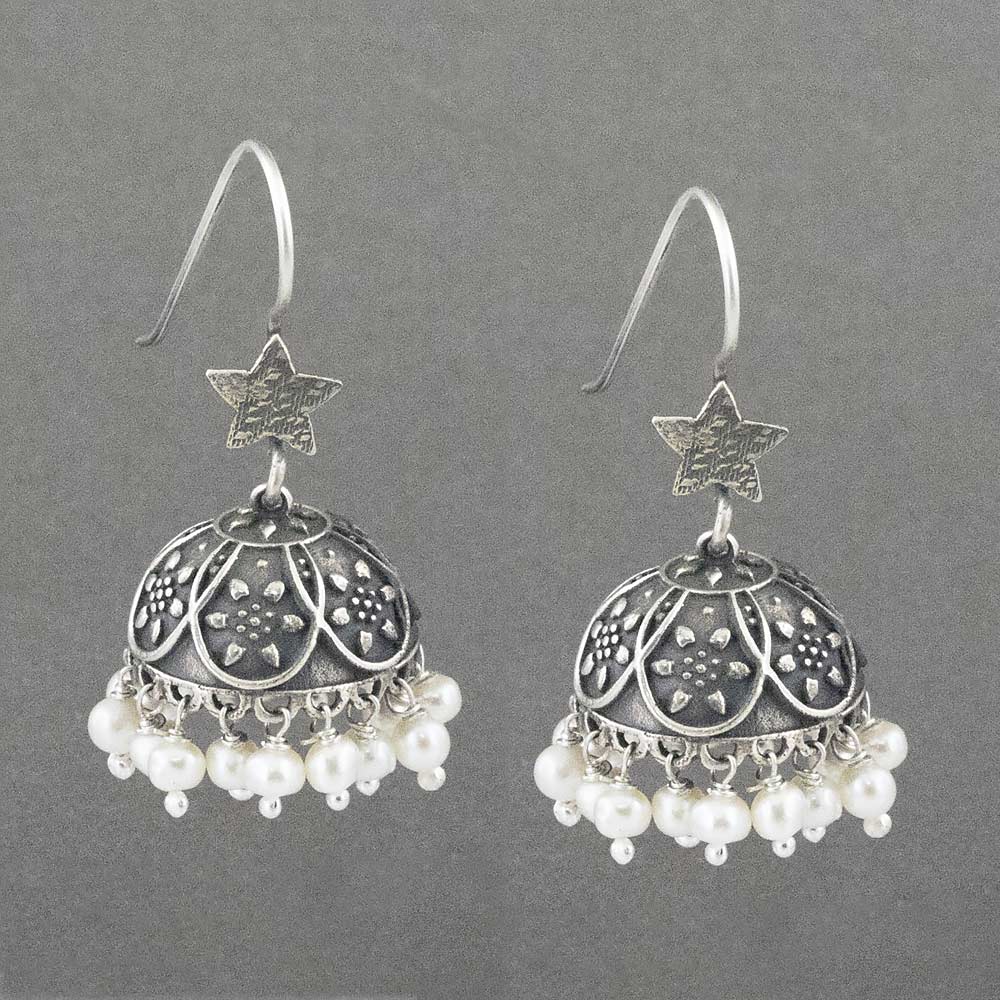 Silver Star Jhumki Dangler Earrings in Pearl