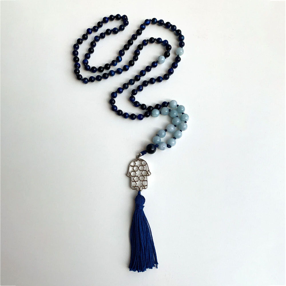 Good Luck & Protection Semi-Precious 108 Bead Japa Mala with Silver Hamsa