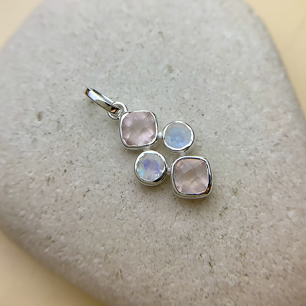 Sandhya Silver Gemstone Cluster Pendant in Rainbow Moonstone and Rose