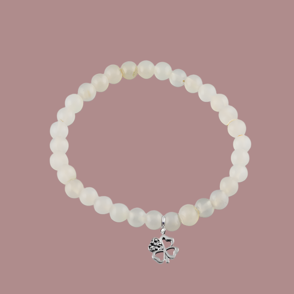 Good Luck Clover Silver Charm with White Onyx Elastic Bead Bracelet