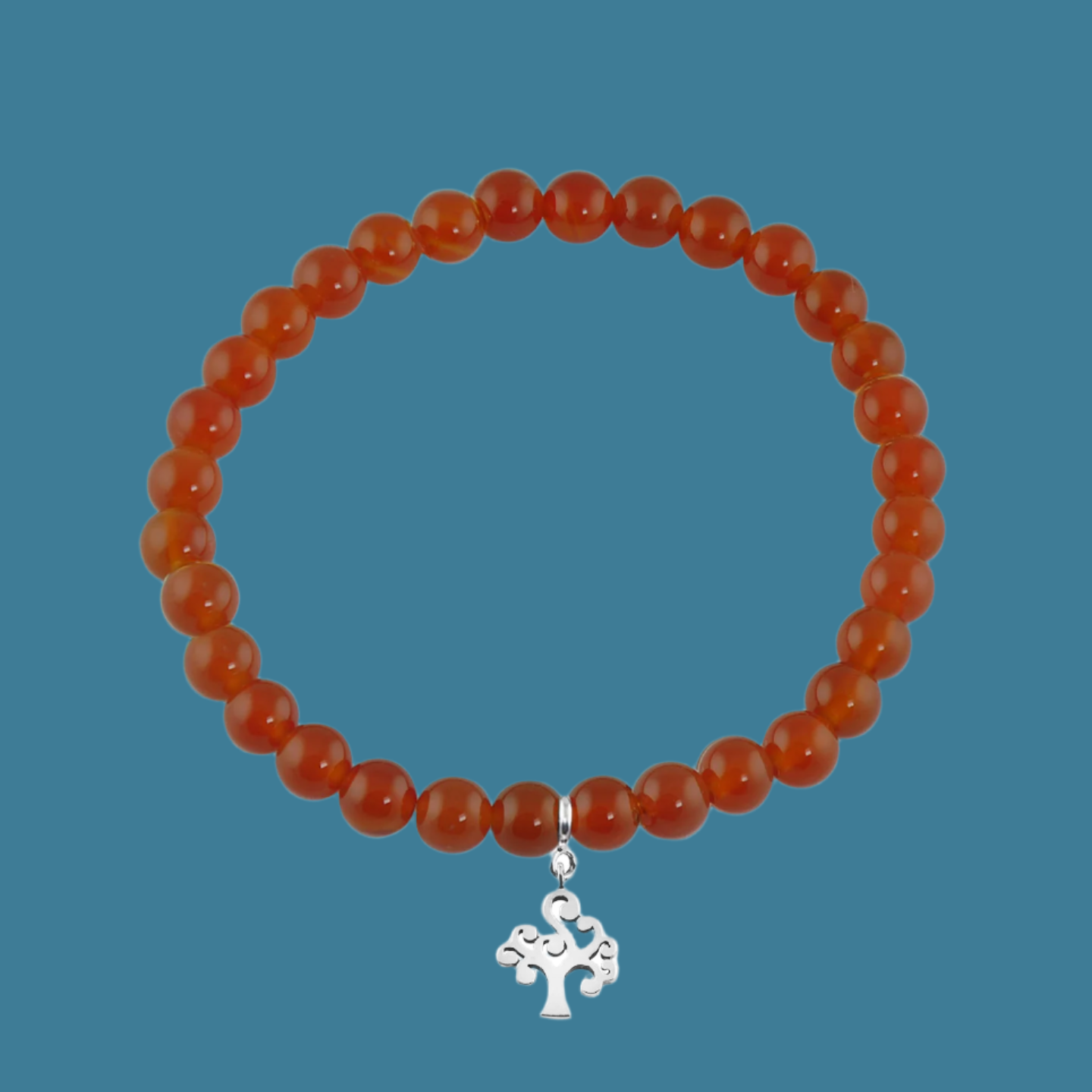 Tree of Life Silver Charm with Red Onyx Elastic Bead Bracelet