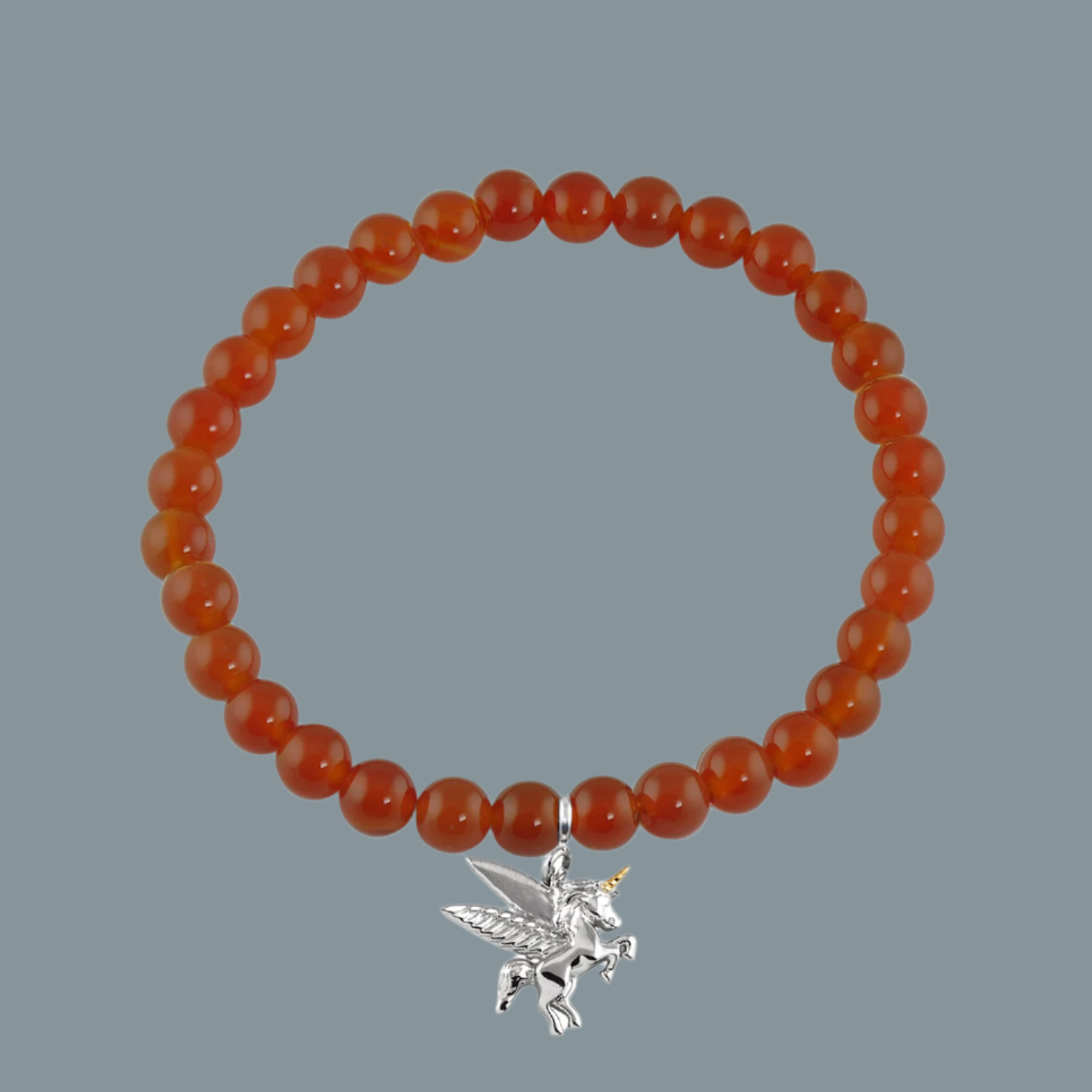 Believe in Magic Unicorn Silver Charm with Red Onyx Elastic Bead Bracelet