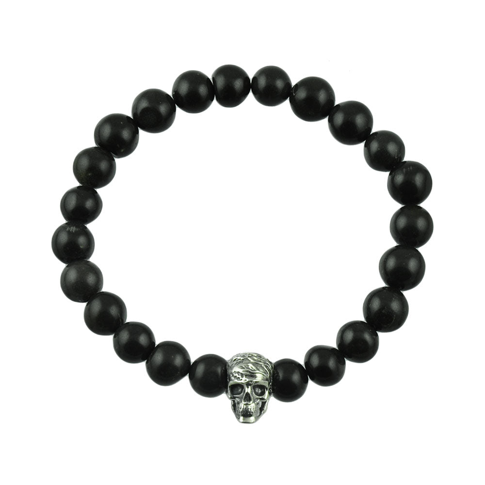 Afterlife Skull Silver Bead Bracelet in Black Agate