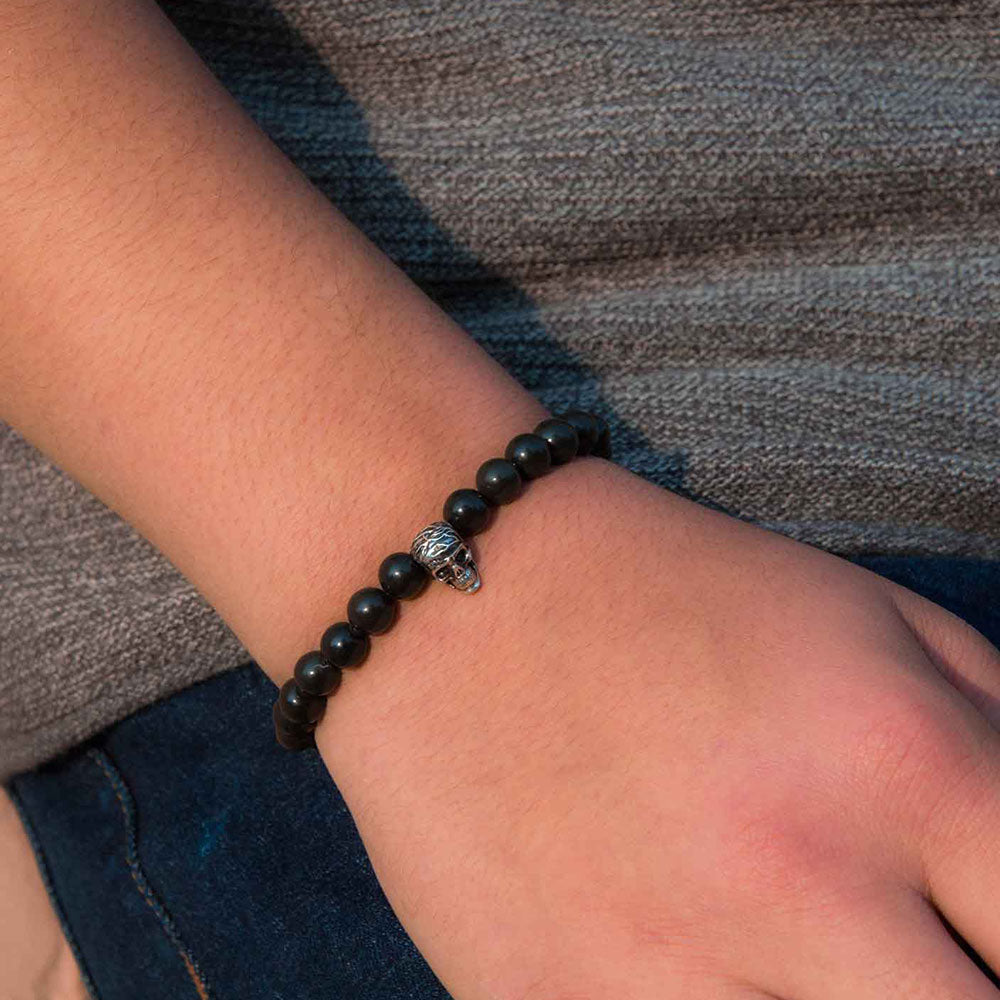 Afterlife Skull Silver Bead Bracelet in Black Agate