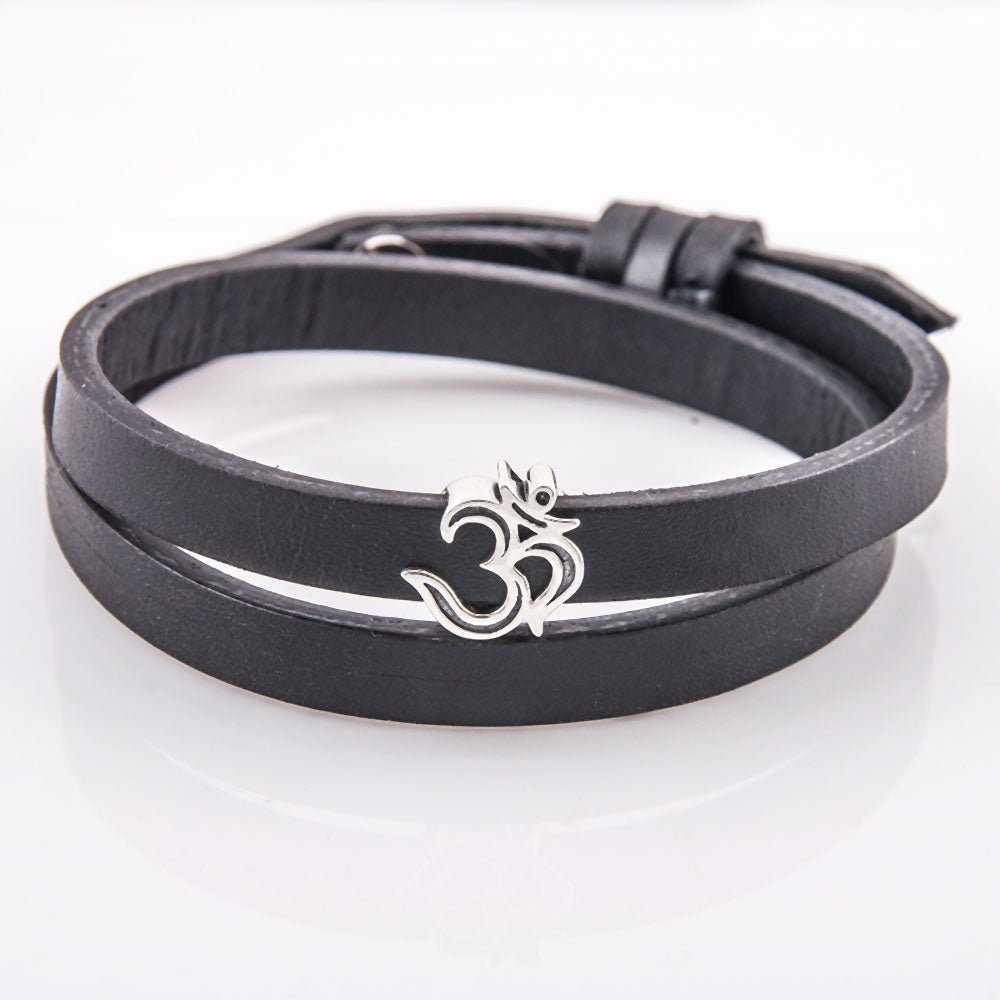 Auspicious ॐ Om Silver Story Bead with Double Wrap Black Leather Band Bracelet