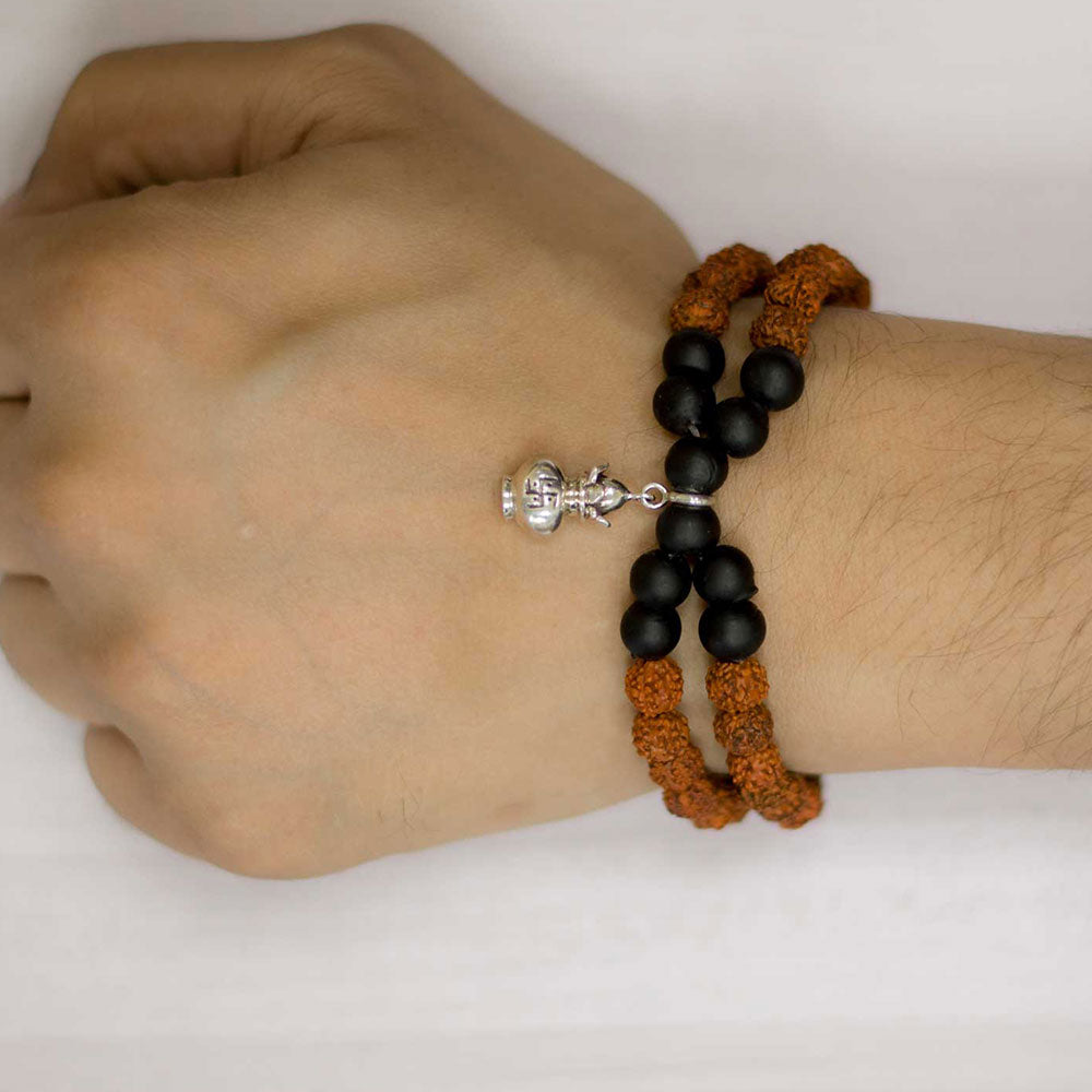 Kalash Silver Charm Rudraksh Rakhi Adjustable Bracelet