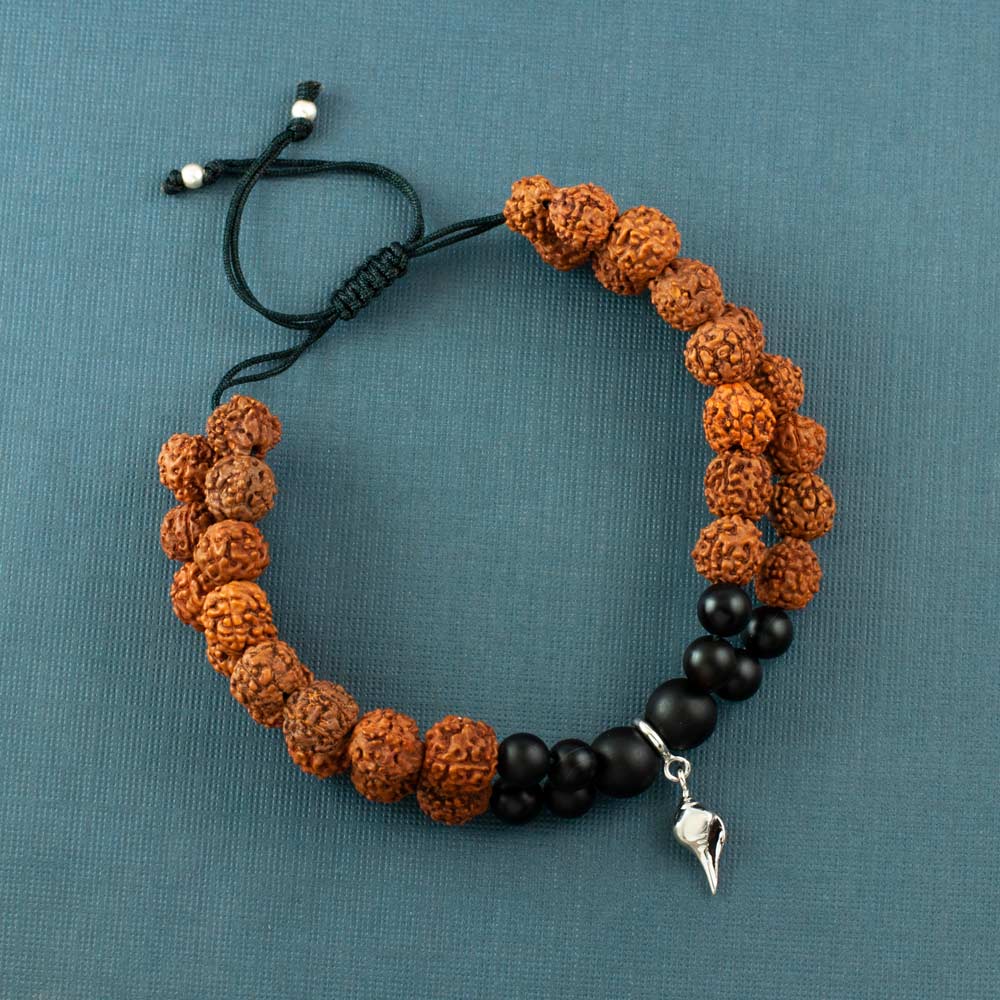 Shankh Silver Charm Rudraksh Rakhi Adjustable Bracelet