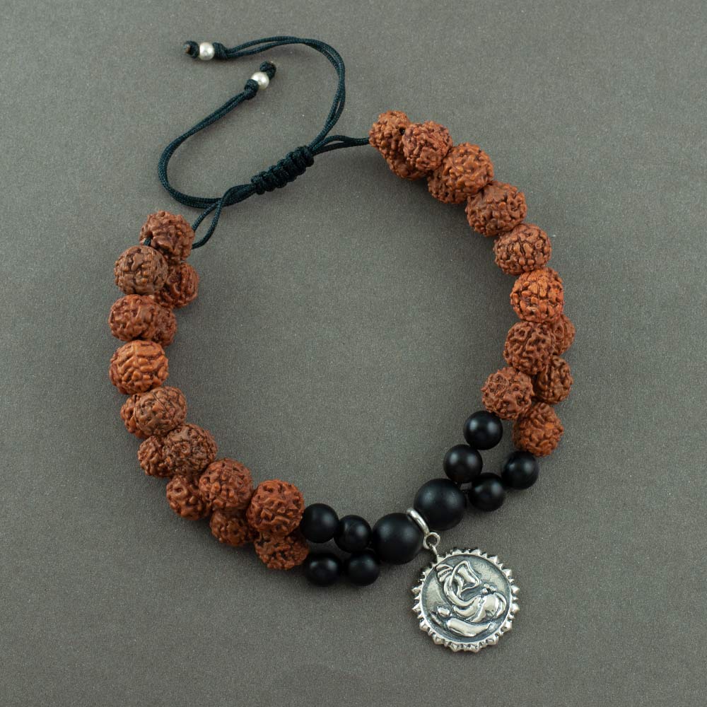 Lakshmi & Ganesh Ji Coin Silver Charm Rudraksh Rakhi Adjustable Bracelet