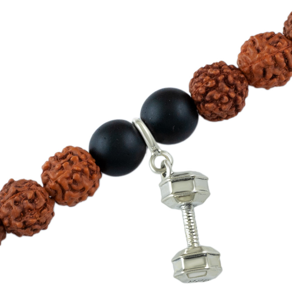 Pump It Up Dumbell Silver Charm Rudraksh Rakhi Adjustable Bracelet