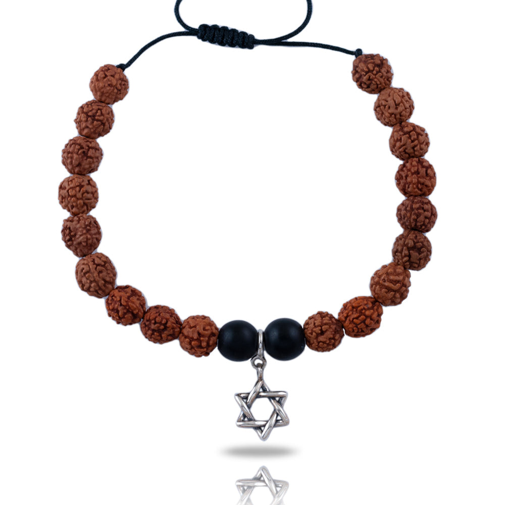 Star of David Silver Charm Rudraksh Rakhi Adjustable Bracelet