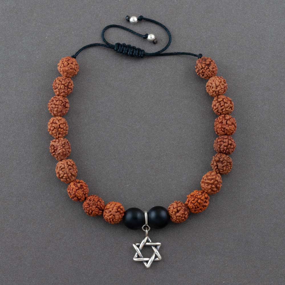 Star of David Silver Charm Rudraksh Rakhi Adjustable Bracelet