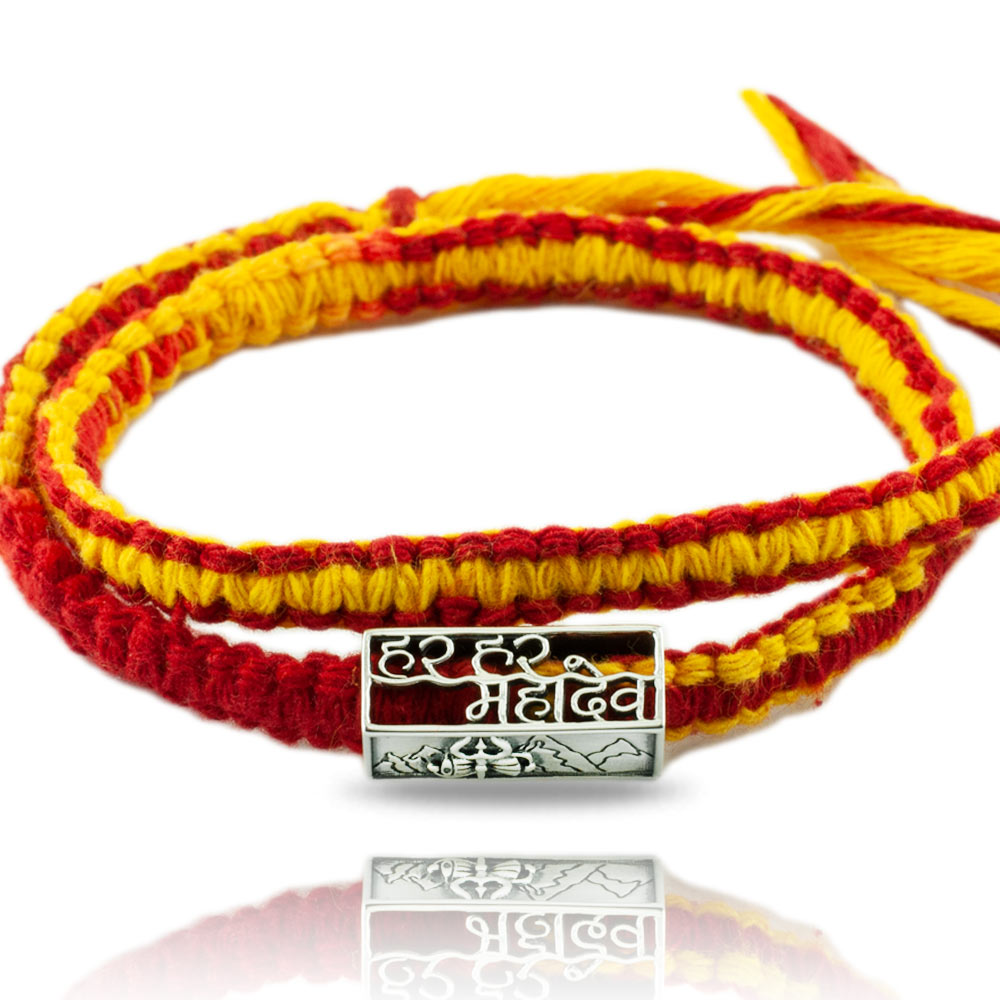 Har Har Mahadev (हर हर महादेव) Silver Pendant Bead Wrap Moli Rakhi Bracelet