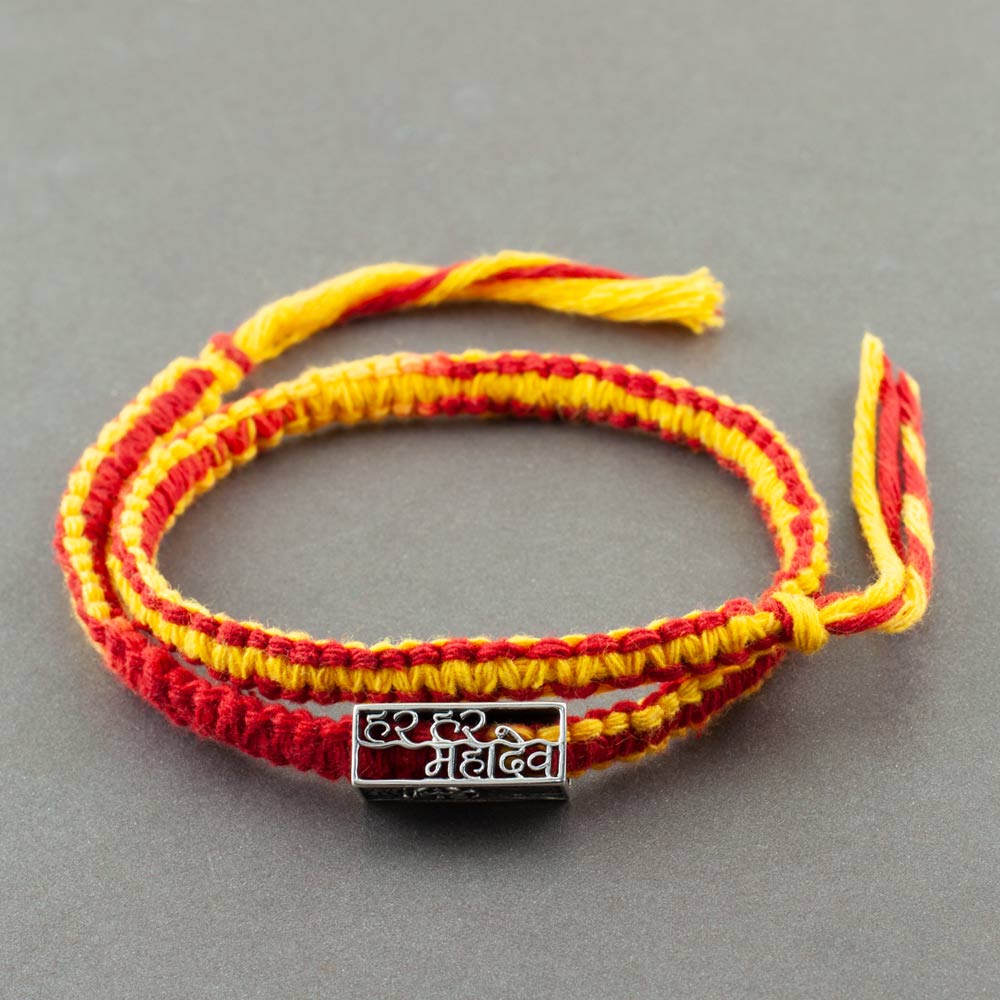 Har Har Mahadev (हर हर महादेव) Silver Pendant Bead Wrap Moli Rakhi Bracelet