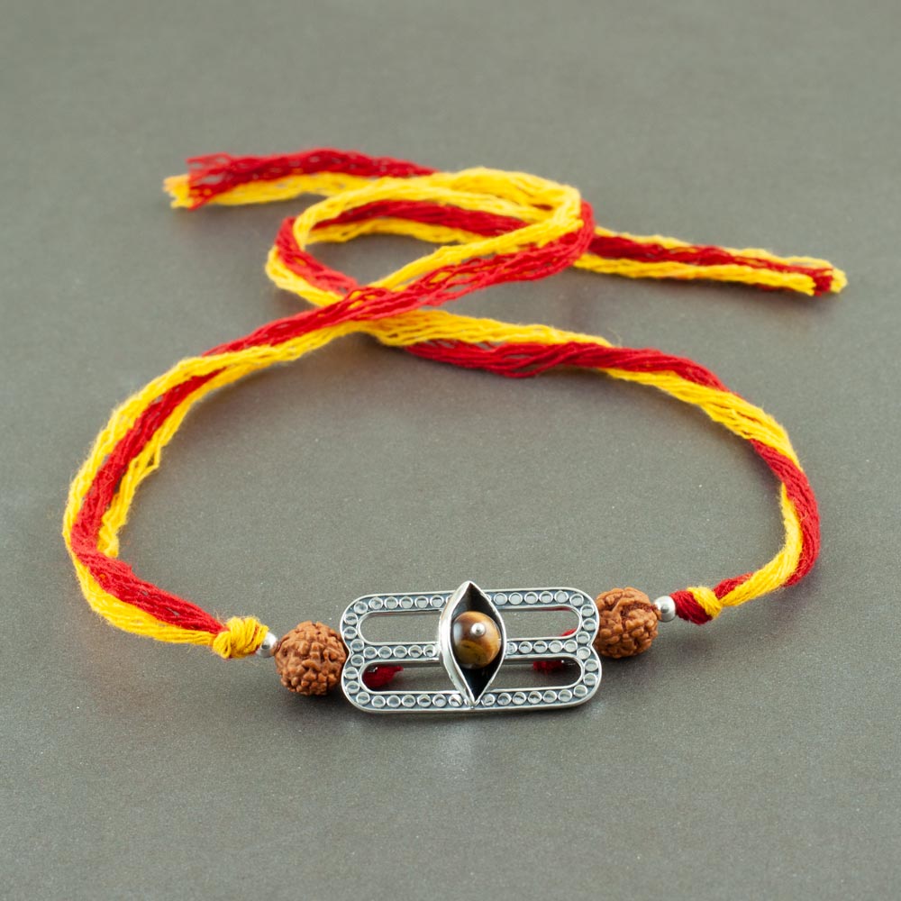 Shiva Third Eye Silver Brooch with Tiger's Eye Moli Rakhi Bracelet