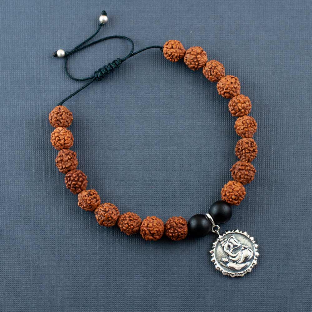Lakshmi & Ganesh Ji Coin Silver Charm Rudraksh Rakhi Adjustable Bracelet