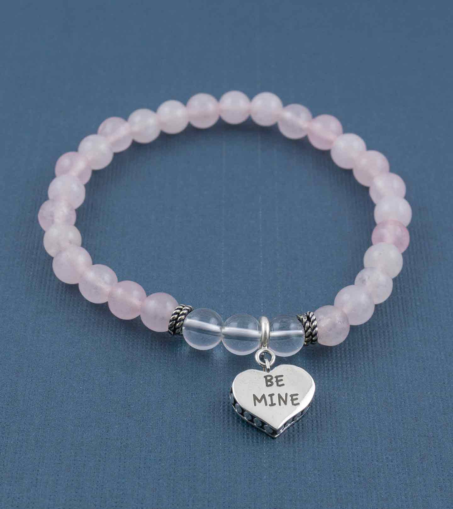 Be Mine Silver Message Charm with Love is Love Rose Quartz and Crystal Quartz Bead Bracelet