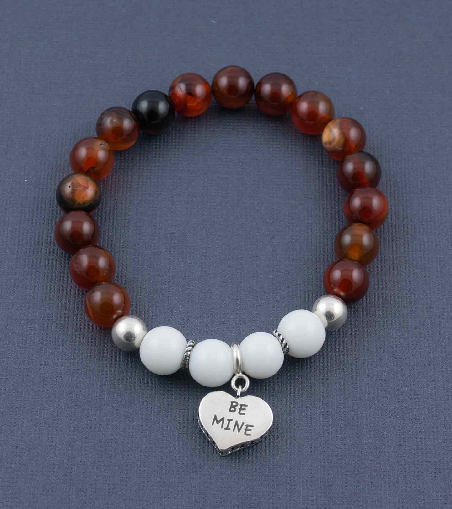 Be Mine Silver Message Charm with Remembrance Multi Onyx & White Jade Elastic Bead Bracelet