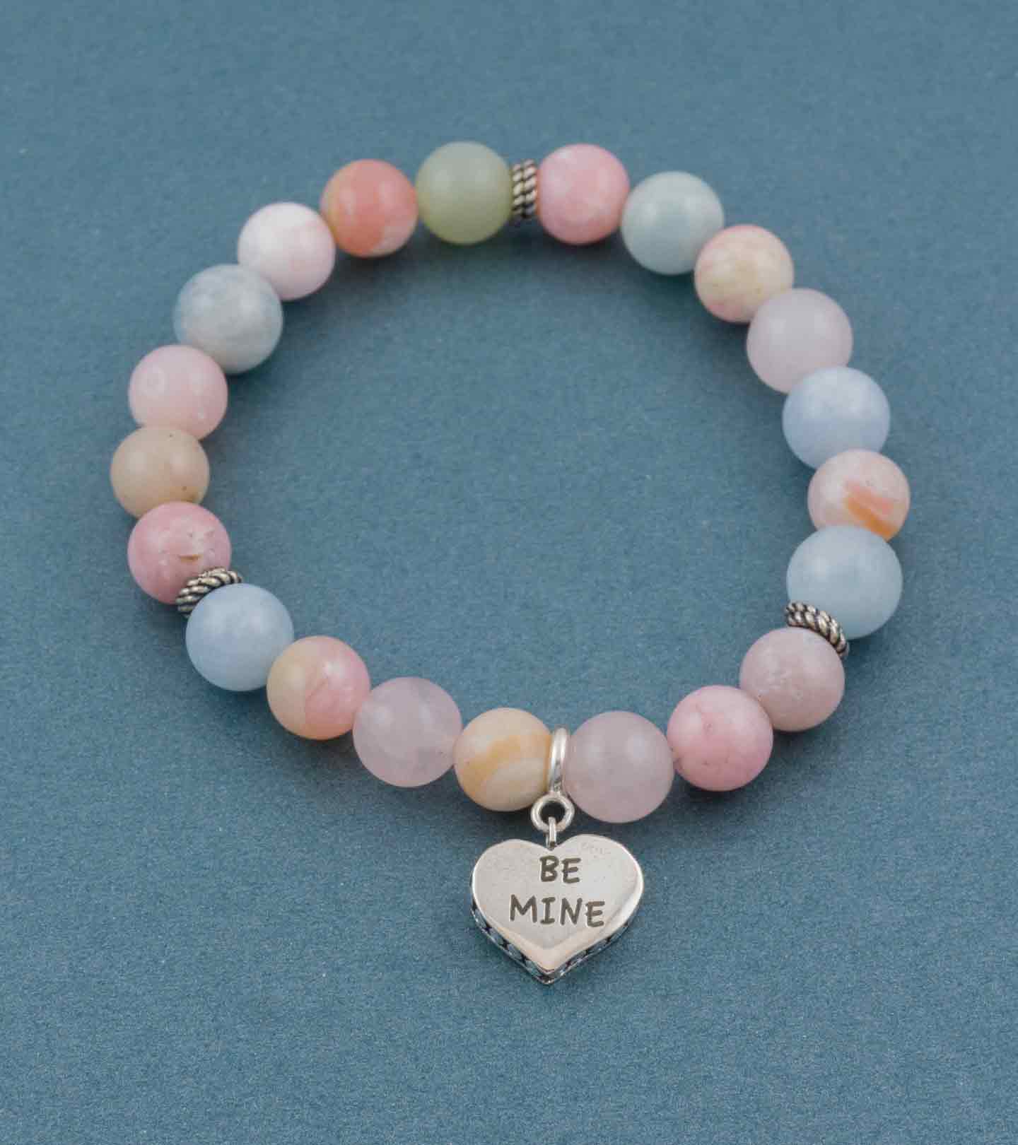 Be Mine Silver Message Charm with Universal Love Pink Opal & Morganite Gemstone Bead Bracelet