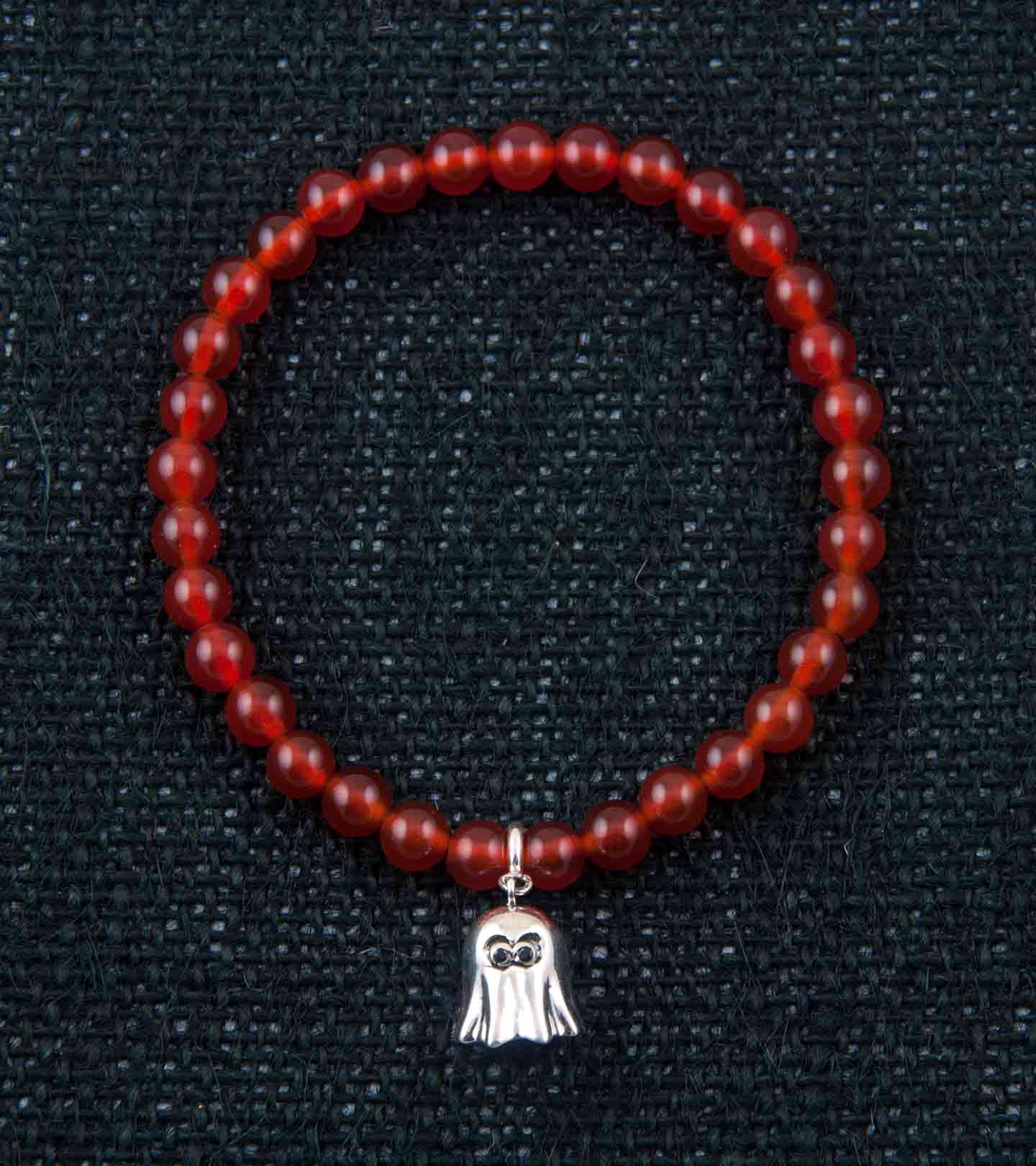 Boo! Silver Charm with Red Onyx Elastic Bead Bracelet