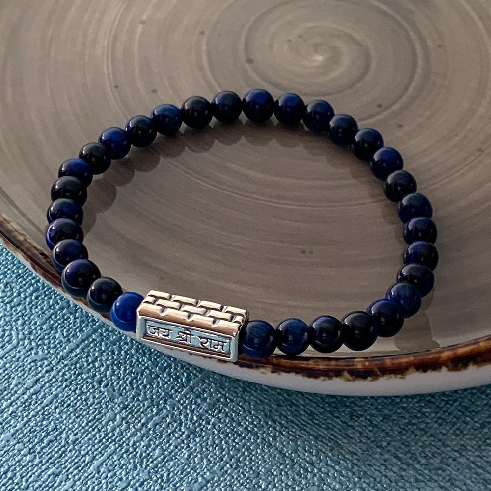 Jai Shri Ram Neev Silver Story Bead with Elastic Bead Bracelet in Blue Tiger's Eye