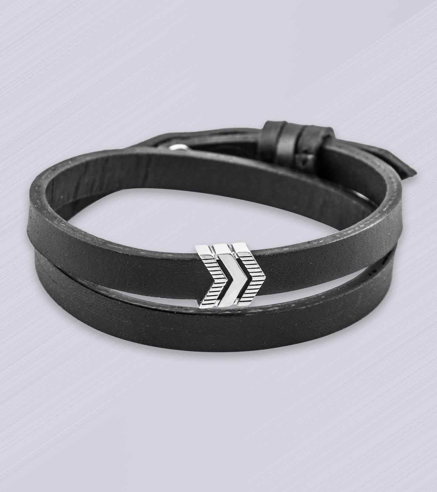 Create Your Own Path Silver Story Bead with Double Wrap Black Leather Band Bracelet