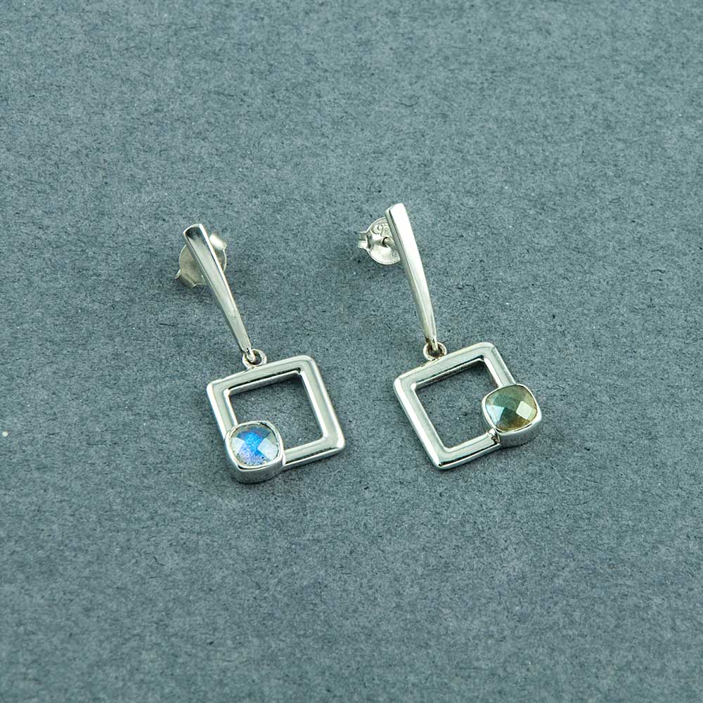 Deco Square Drop Dangler Silver Earrings in Labradorite