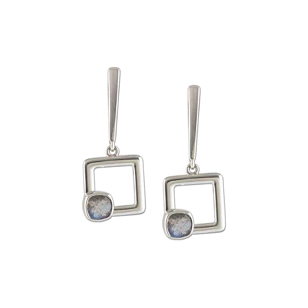 Deco Square Drop Dangler Silver Earrings in Labradorite