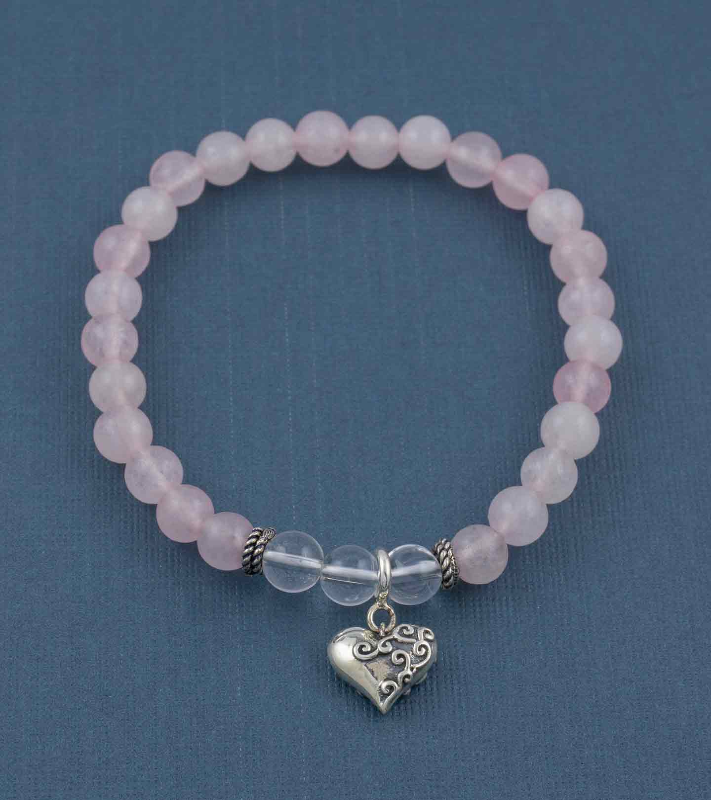 Dil Se Heart Silver Charm with Love is Love Rose Quartz and Crystal Quartz Bead Bracelet