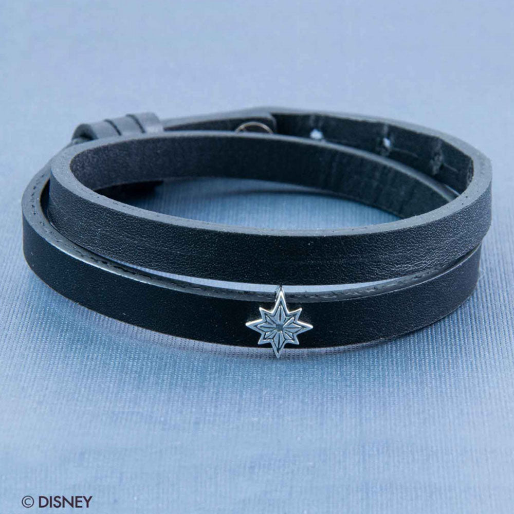 Super Star Silver Story Bead on Double Wrap Black Leather Band Bracelet