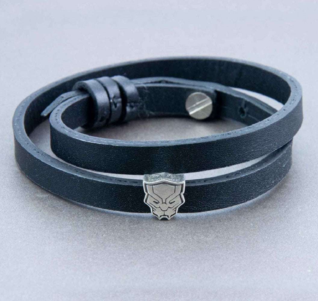 Panther Mask Silver Story Bead on Double Wrap Black Leather Band Bracelet