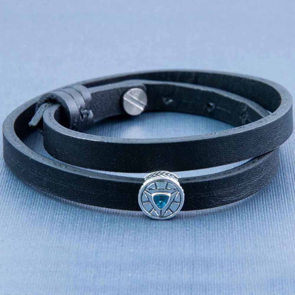 Super Hero Arc Silver Story Bead on Double Wrap Black Leather Band Bracelet