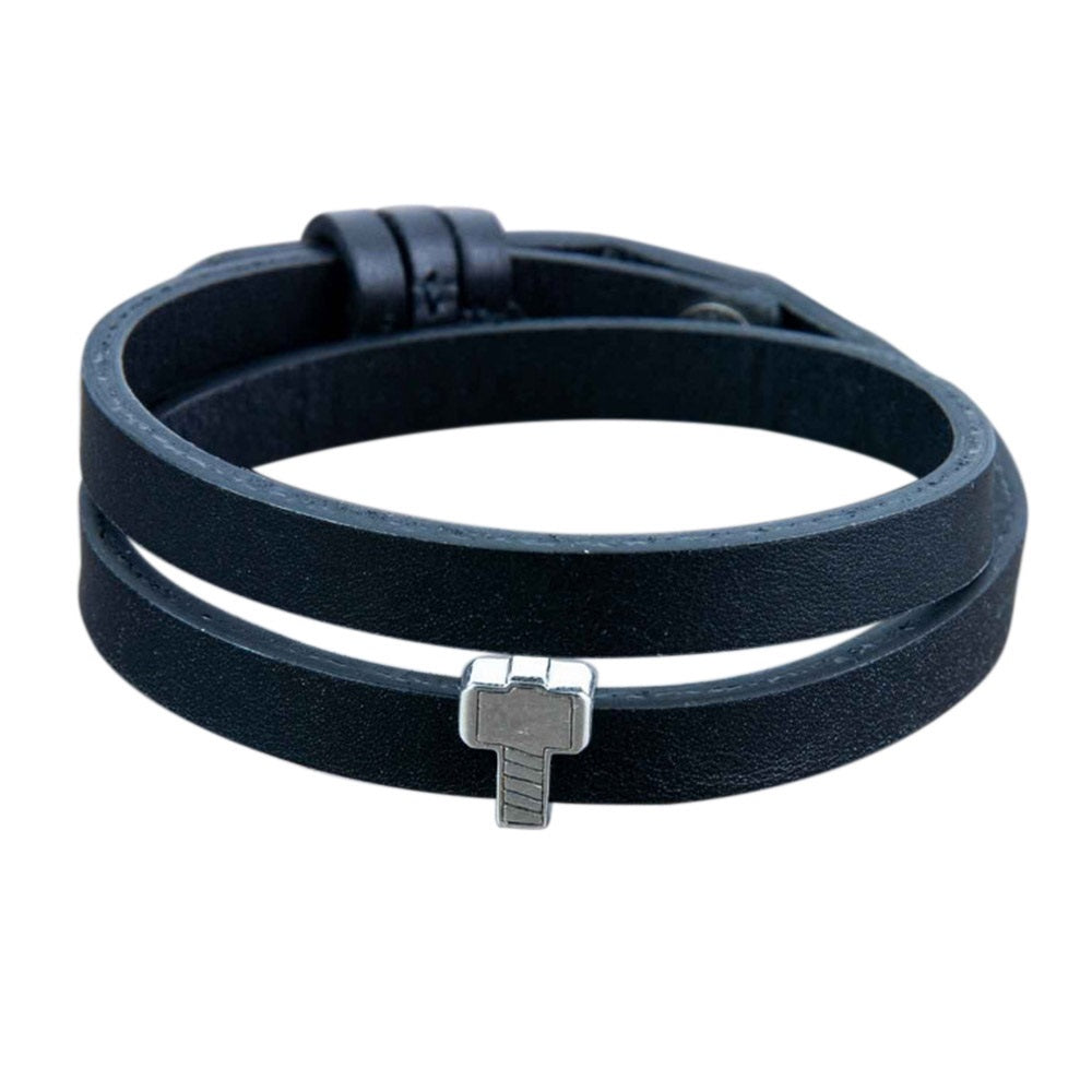 Super Hero Hammer Silver Story Bead on Double Wrap Black Leather Band Bracelet