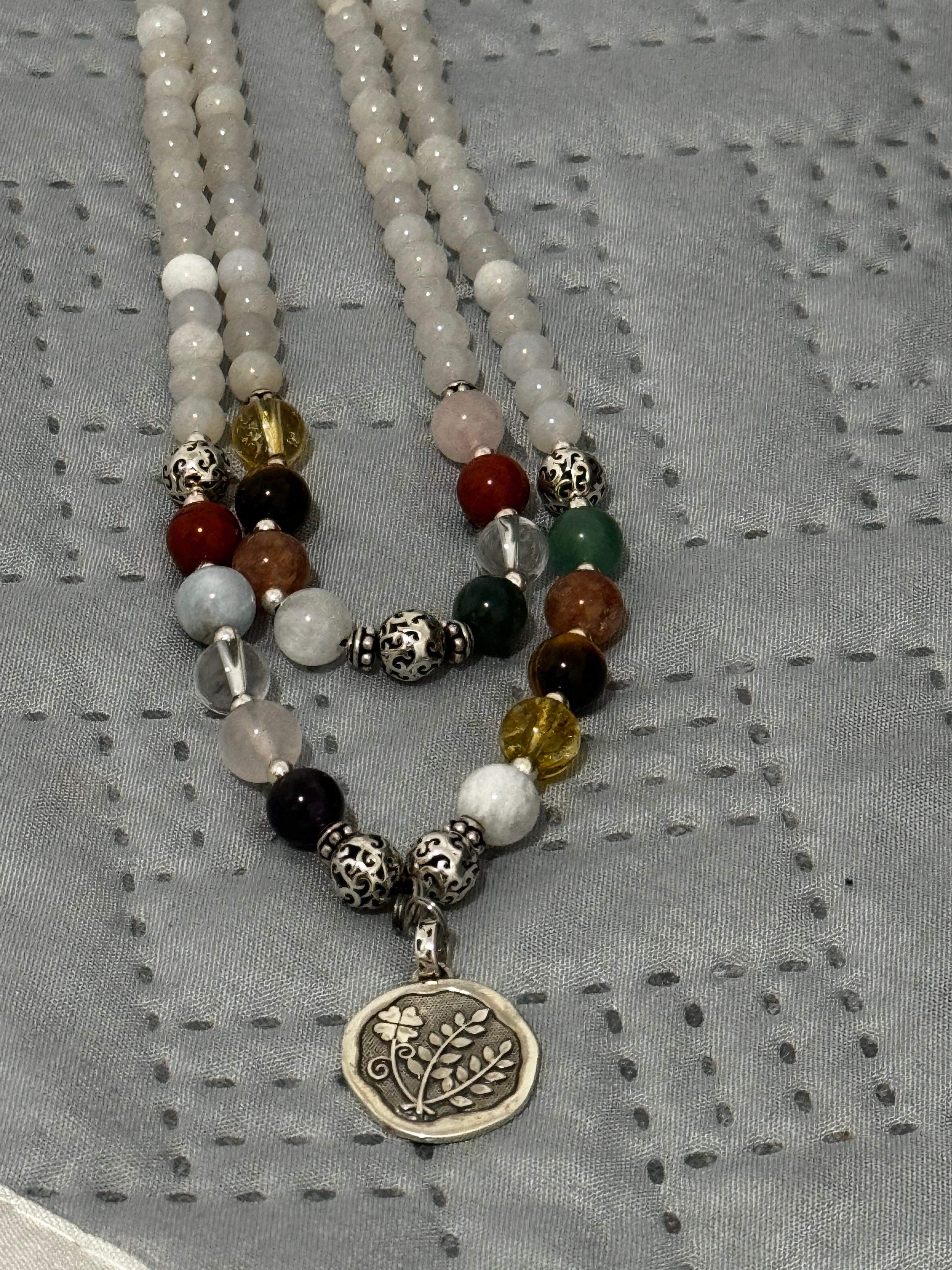 Double Layer Semi Precious Bead Adjustable Necklace with Bouquet of Good Luck Silver Pendant