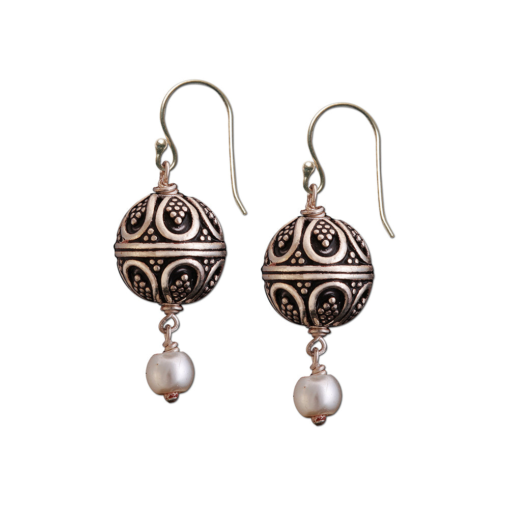 Pearl Art Bead Silver Earrings