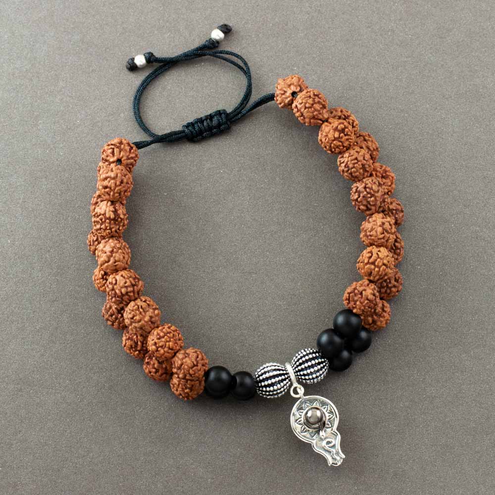 Bholenath Shivling Silver Charm with Silver Centric Double Layer Rudraksh Rakhi Adjustable Bracelet