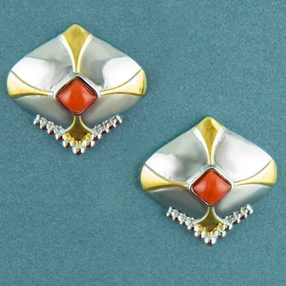 Coral Accents Shield Stud Silver Earrings