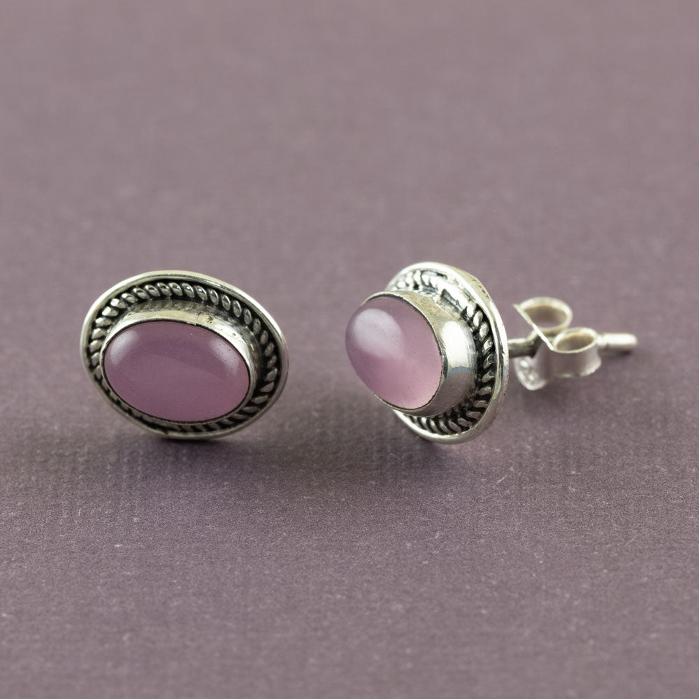 Praarambha Braided Ovals Silver Stud Earrings in Rose Quartz