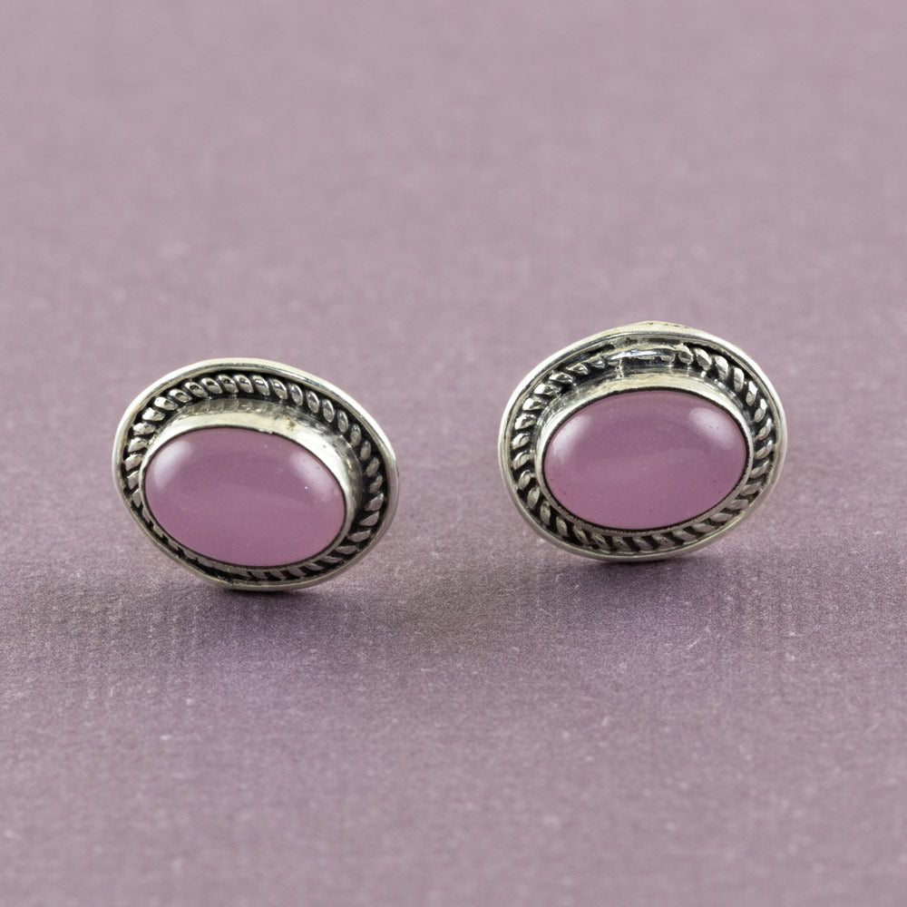 Praarambha Braided Ovals Silver Stud Earrings in Rose Quartz