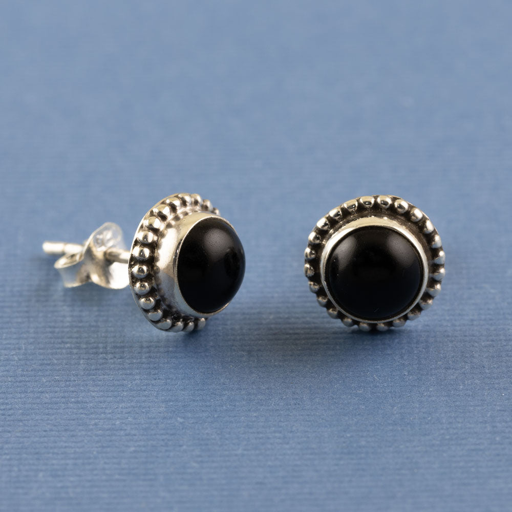 Praarambha Braided Round Silver Stud Earrings in Black Onyx